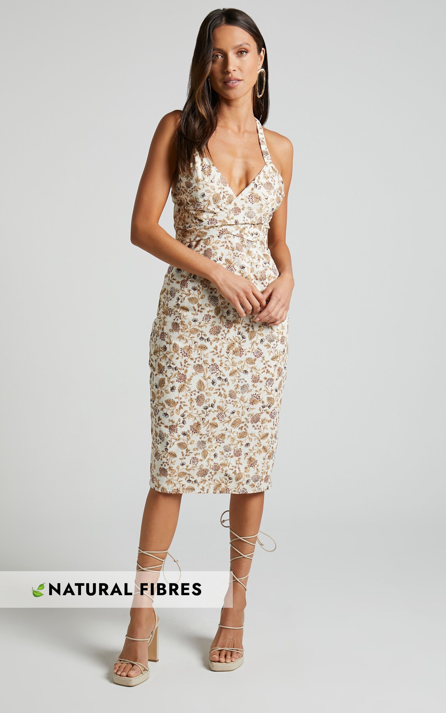Amalie The Label - Mariella Gathered Cross Front Open Back Midi Dress in Maya Floral - 06, WHT1
