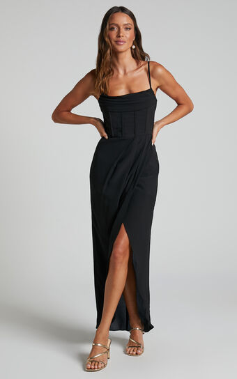 Andrina Midi Dress -  High Low Wrap Corset Dress in Black