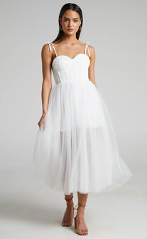 Aisha Bustier Bodice Tulle Midi Dress in White