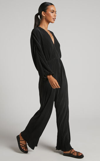 Amarante Jumpsuit - Plisse V Neck Long Sleeve Jumpsuit in Black