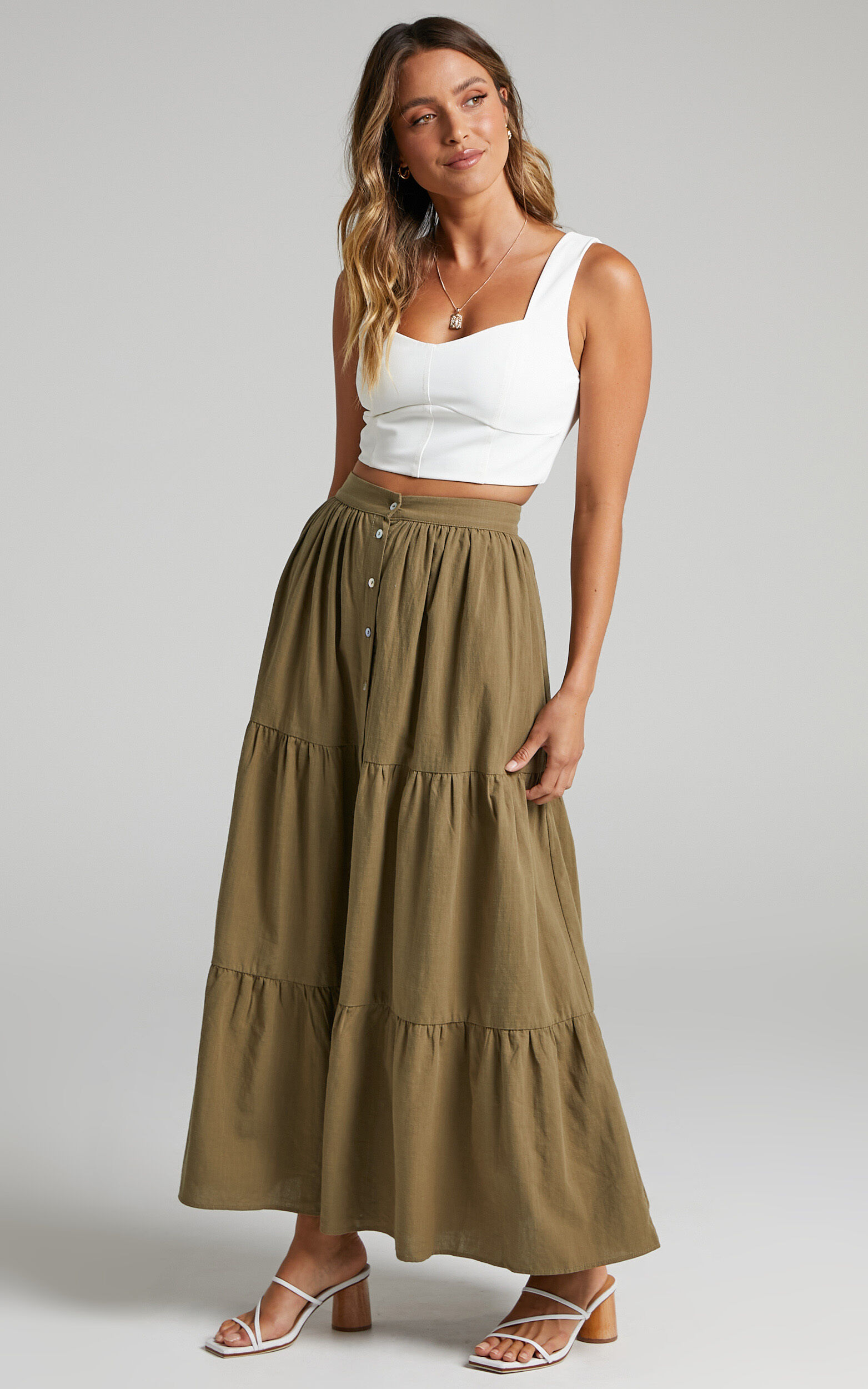Arabella Tiered Button Front Maxi Skirt in Khaki - 06, GRN2, super-hi-res image number null