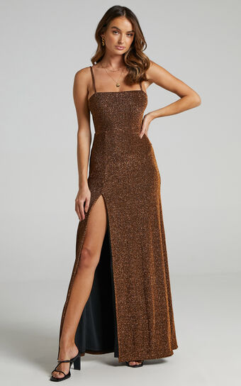 Rheannon Midaxi Dress - Split  Mesh Dress in Copper Lurex