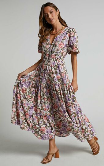 Annika Button Front V-Neck Short Sleeve Midi Dress in Pink and Purple Floral