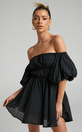 Jessra Off Shoulder Puff Sleeve Mini Dress in Black