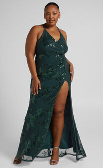 Out Till Dawn Maxi Dress - Thigh Split Dress in Emerald Sequin