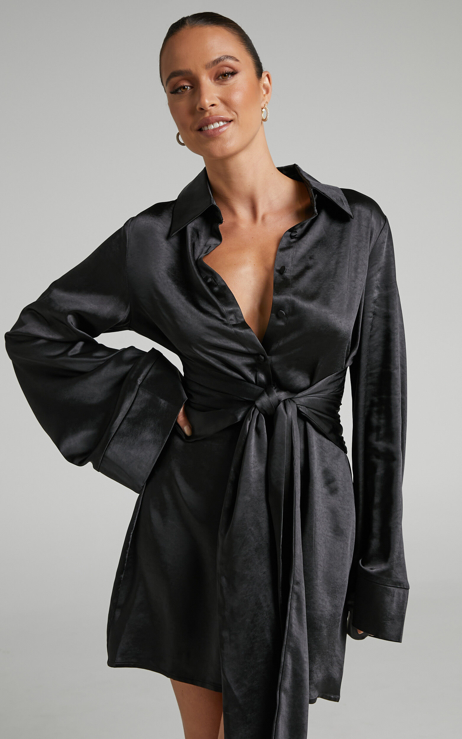 Hadid Button Down Waist Tie Shirt Dress in Black - 04, BLK1, super-hi-res image number null