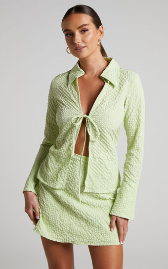 Arabelle Two Piece Set - Tie Front Long Sleeve Top and Mini Skirt in Celery