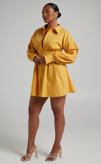 Claudette Collared Button Up Corset Dress in Mustard