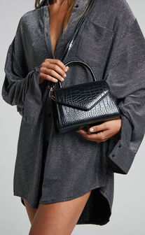 Marilou Bag - Croc Embossed Top Handle Bag in Black