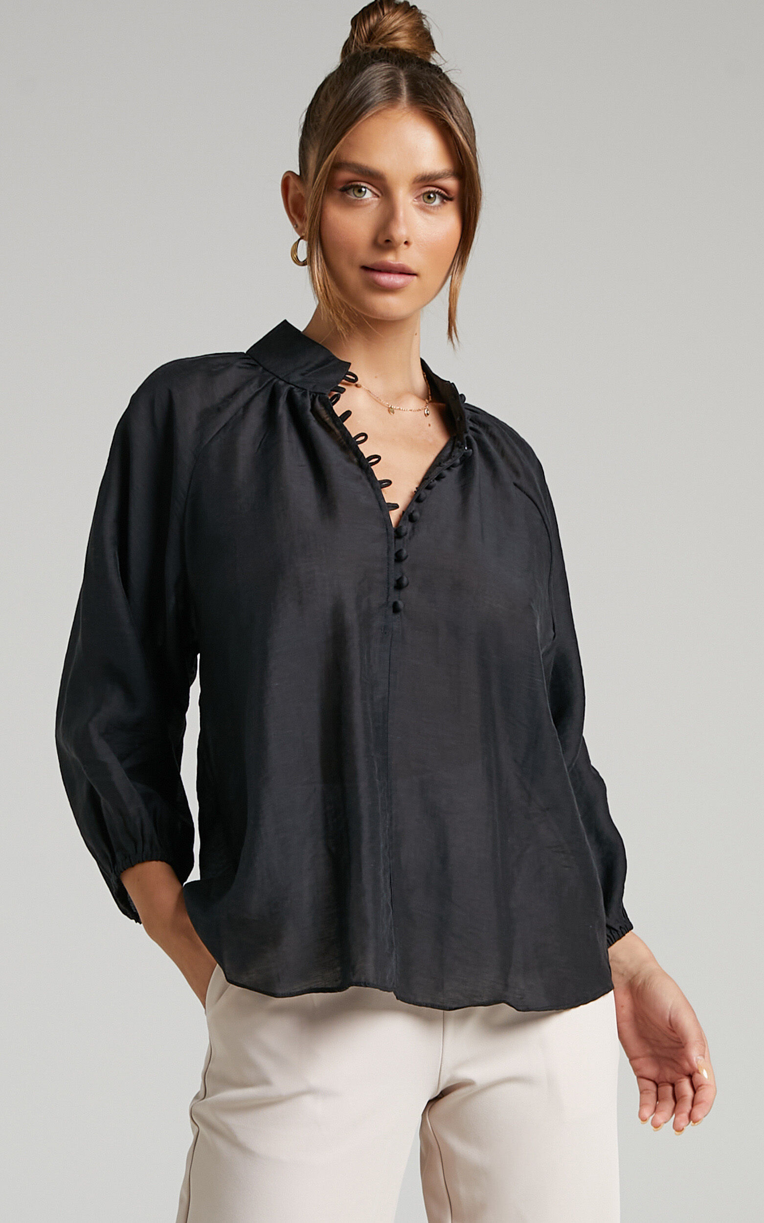 Aida High Neck Button Blouse in Black - 04, BLK1, super-hi-res image number null