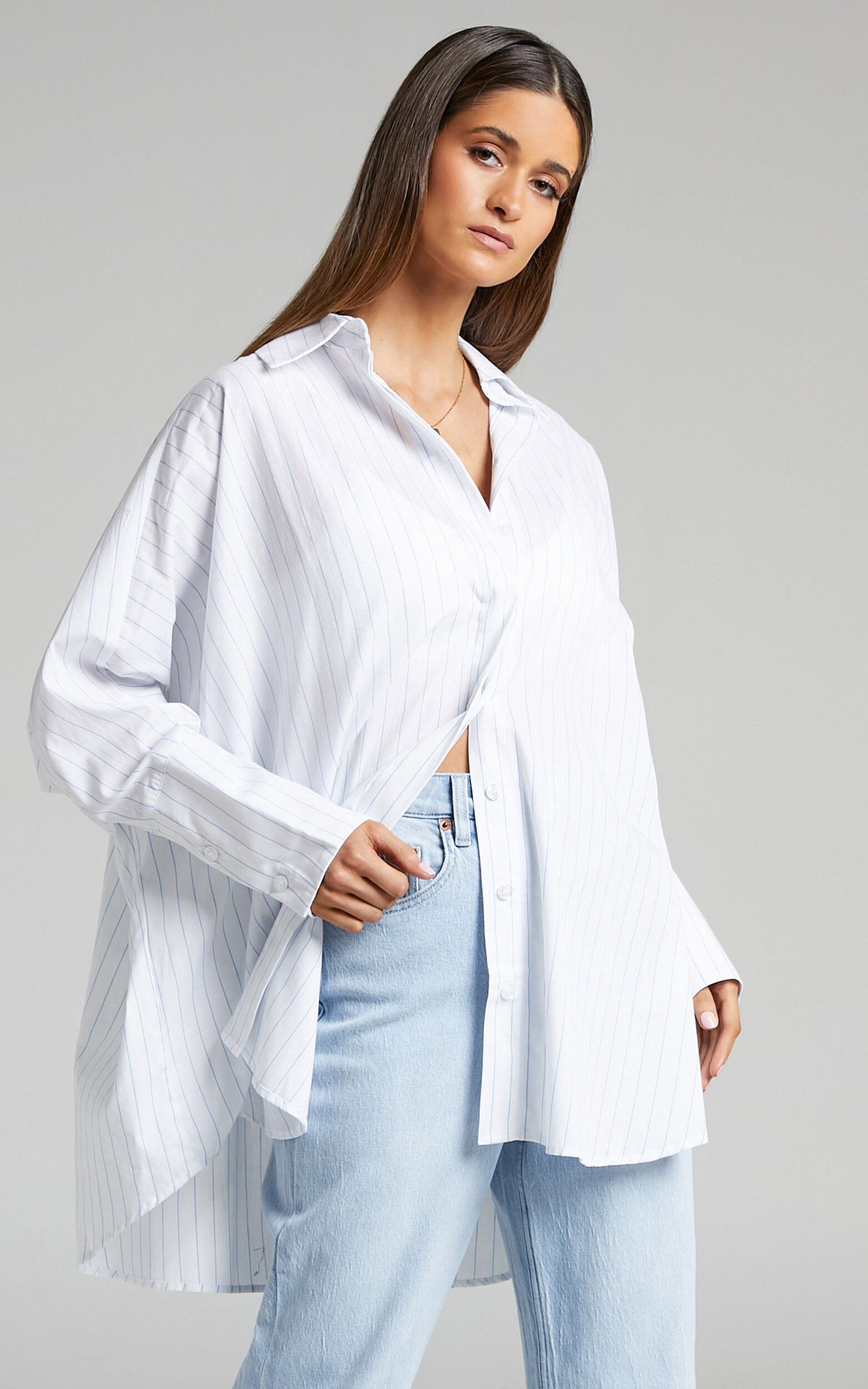 Eily Pinstripe Oversized Button Up Shirt in White & Blue | Showpo USA