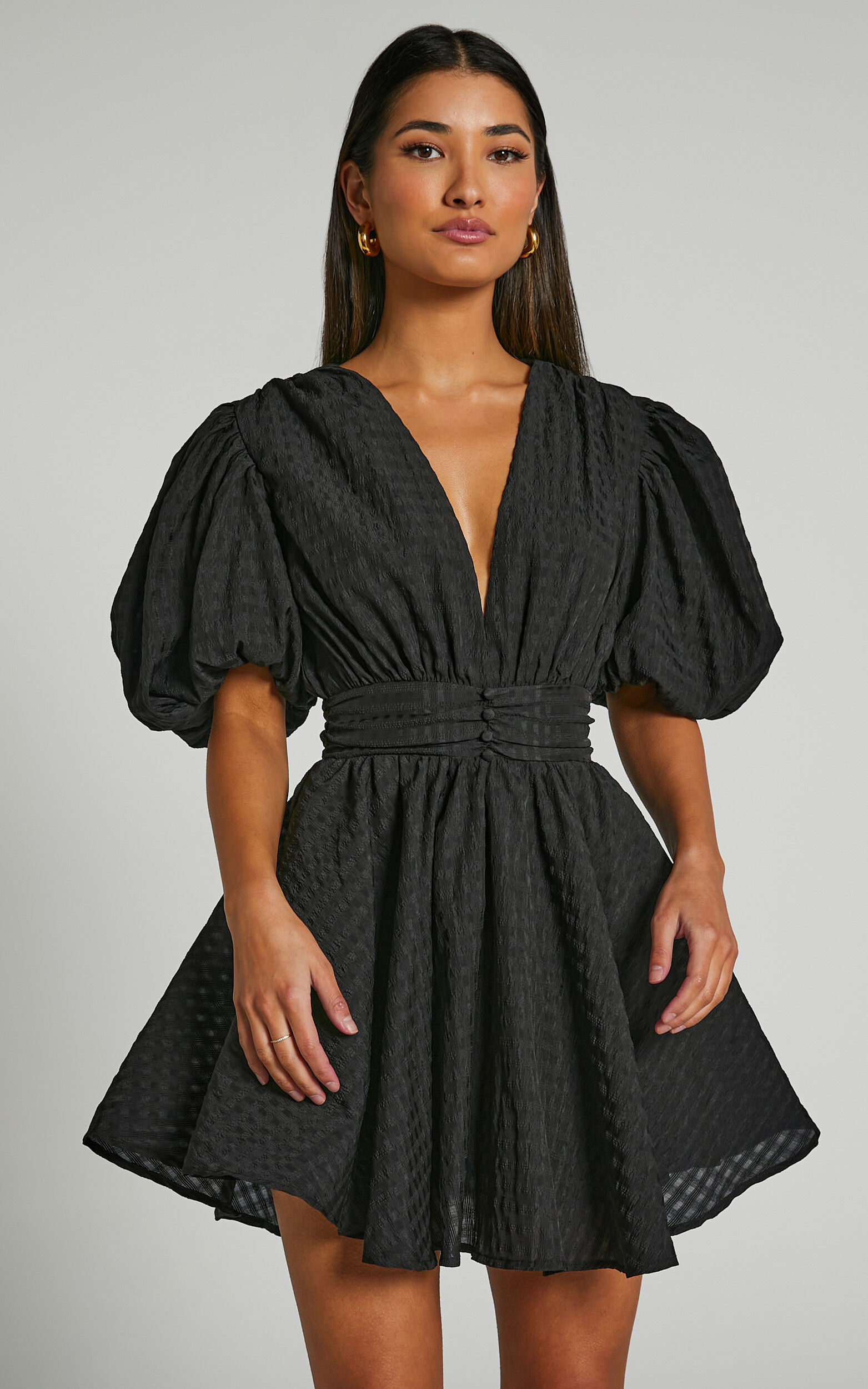 Xandy Mini Dress - Textured Puff Sleeve Plunge Dress in Black - 04, BLK1