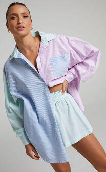 Autumn Contrast Stripe Oversized Shirt in LILAC AND BLUE