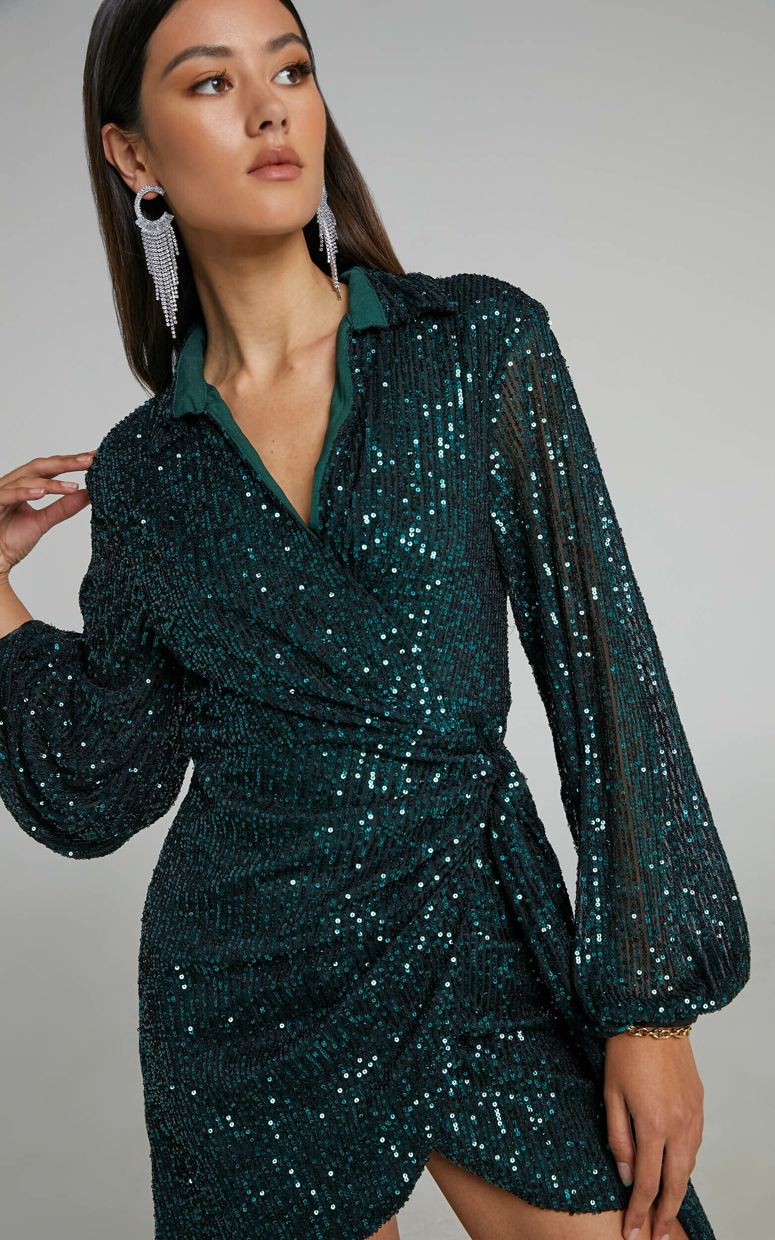 Ryrah Sequin Long Sleeve Wrap Mini Dress in Emerald - 04, GRN1, super-hi-res image number null