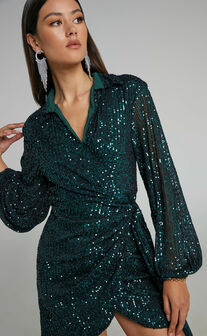 Ryrah Sequin Long Sleeve Wrap Mini Dress in Emerald