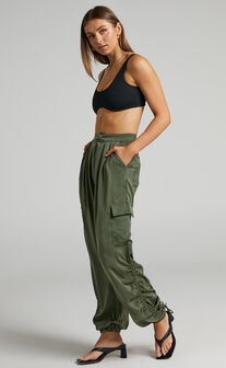 Kimme Ruched Satin Cargo Pants in Khaki