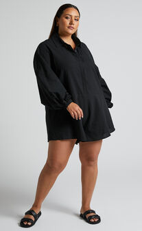 Anka Playsuit - Relaxed Button Front Shirt Playsuit in Black