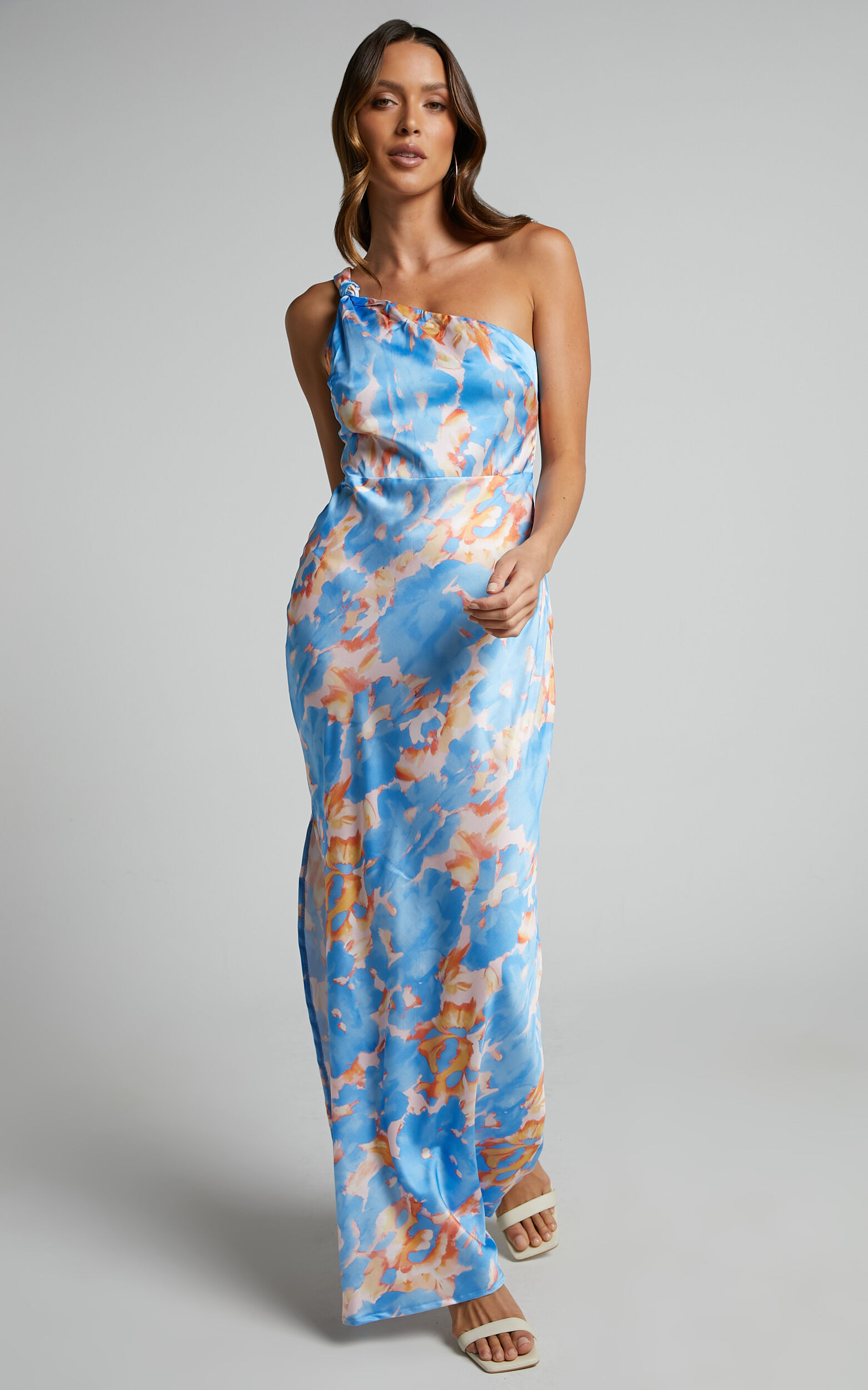 Jacintha One Shoulder Maxi Dress in Blue Floral - 12, BLU1, super-hi-res image number null