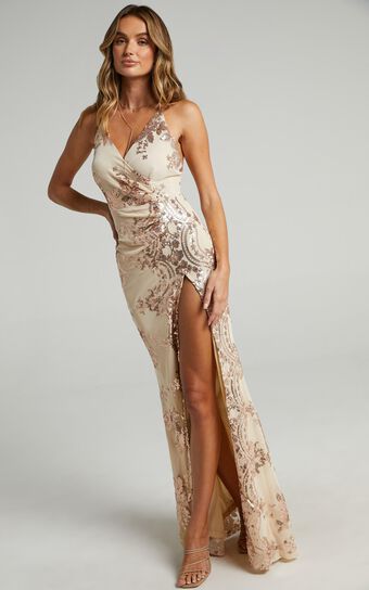 Out Till Dawn Split Maxi Dress in Rose Gold Sequin