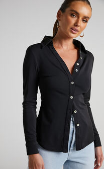 Keaton Blouse - Collared Long Sleeve Button Through Blouse in Black