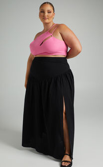 Jalena Thigh Slit Asymmetric Maxi Skirt in Black