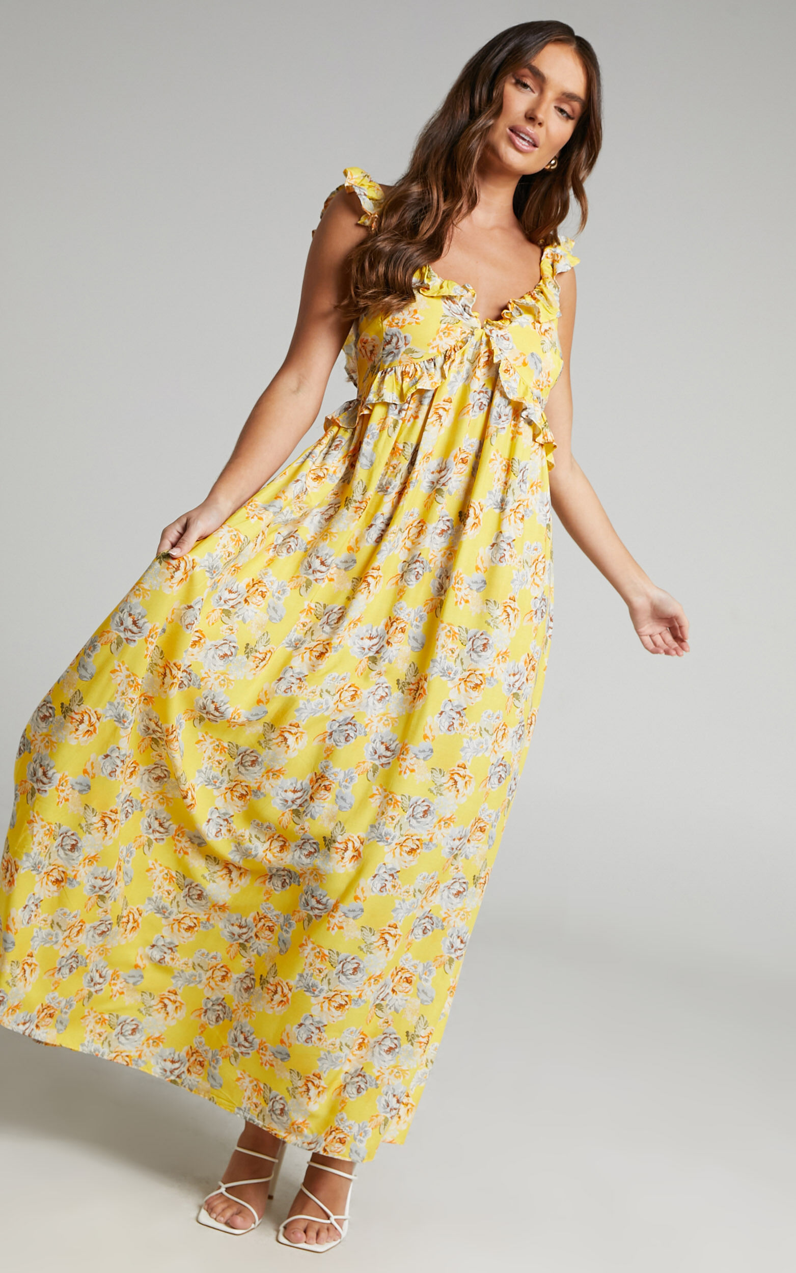 Serenyo Midaxi Dress - Ruffle Detail Low Back Dress in Yellow Floral - 06, YEL1