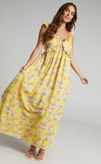 Serenyo Midaxi Dress - Ruffle Detail Low Back Dress in Yellow Floral