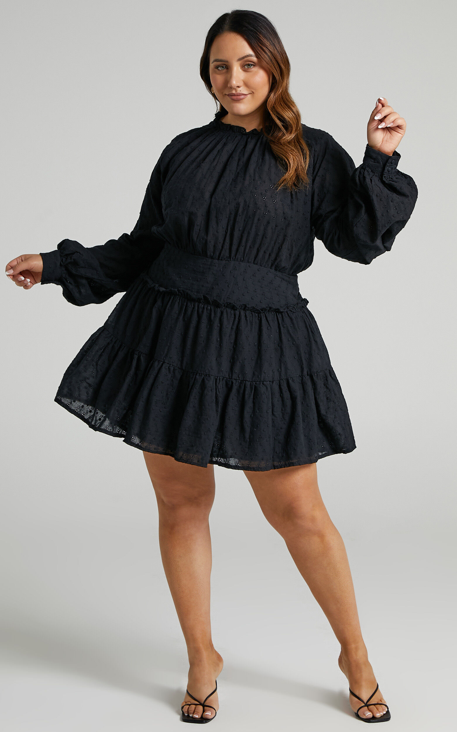Tezza Longsleeve Broderie Mini Dress in Black - 04, BLK1, super-hi-res image number null