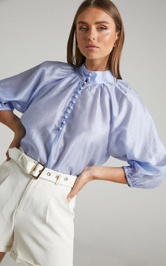 Aida High Neck Button Blouse in Steel Blue