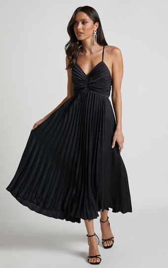 Zayla Plisse Twist Front Maxi Dress in Black