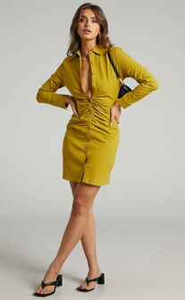 Shadleen Long Sleeve Button Up Mini Dress in Chartreuse