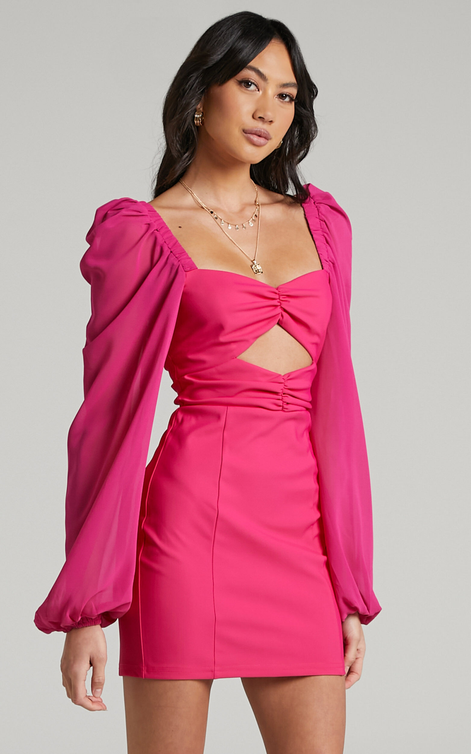 Lilian Chiffon Sleeve Cut Out Mini Dress in Pink - 06, PNK2