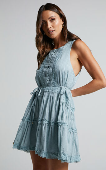 Scotty Mini Dress - Button Up Broderie Dress in Sage