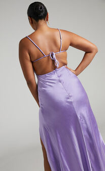 Chaila Gathered Open Back Maxi Dress in Satin in Lilac