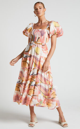 Aine Maxi Dress - Shirred Puff Sleeve Square Neck Tiered Dress in Peach Floral