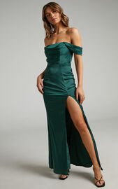 Faye Off Shoulder Maxi Dress in Emerald Satin | Showpo USA