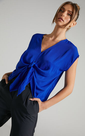 Analou Tie Front V-Neck Blouse in Blue