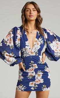 Latiana Ruched Plunge Neck Mini dress in Royal Floral
