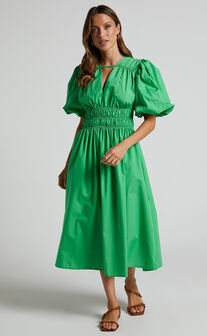 Selnya Midi Dress - Puff Sleeve V Neck Panelled Dress in Green
