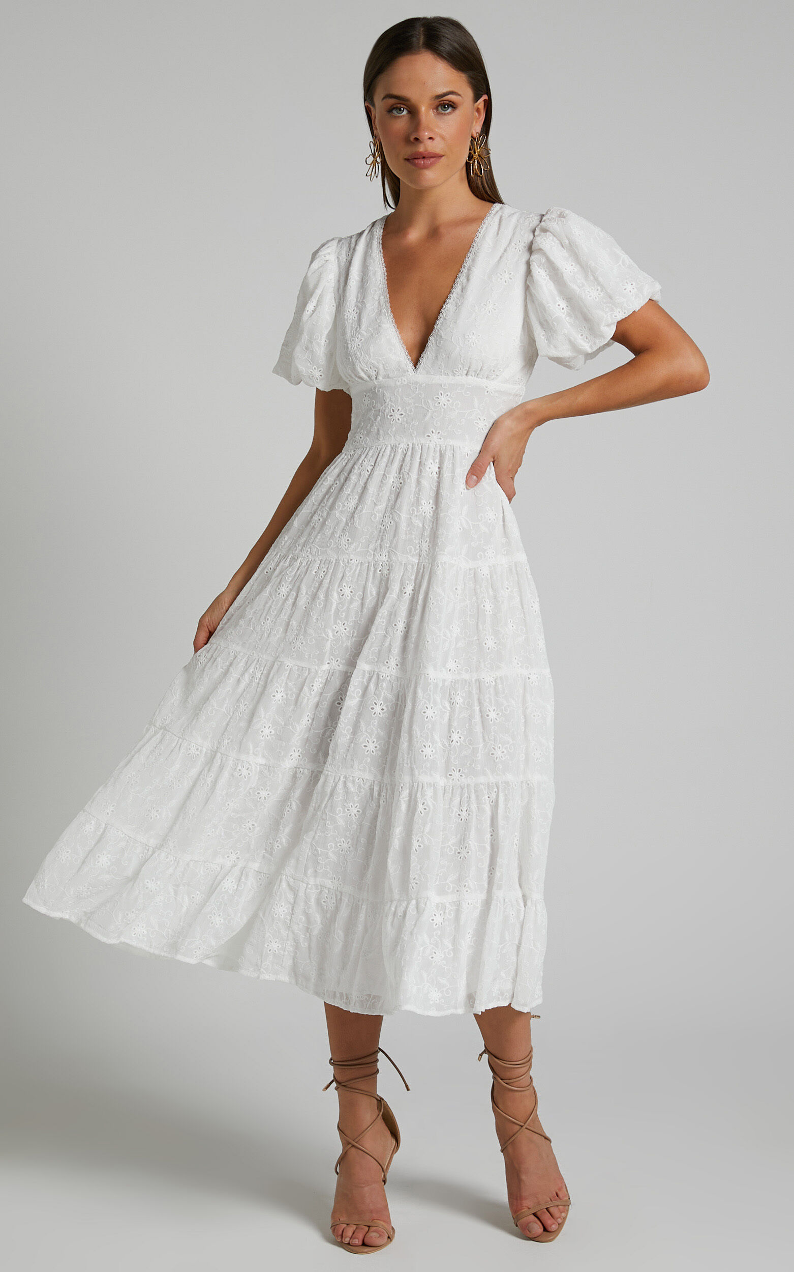 Divora Plunge Balloon Sleeve Tiered Midi Dress in Ivory - 04, WHT1, super-hi-res image number null
