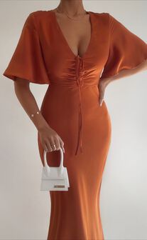 Nicholla Midi Dress - Ruched Front Angel Sleeve Slip Dress in Copper