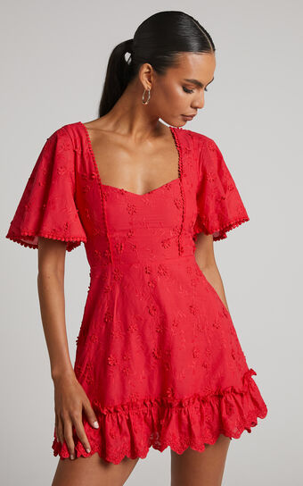 Fancy A Spritz Mini Dress - Square Neck Dress in Red
