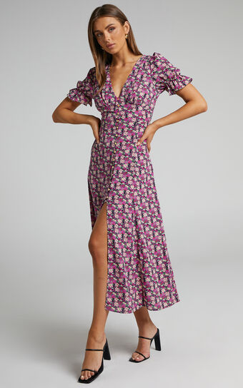 Adalina Maxi Dress - Short Puff Sleeve Button Down Dress in Floral