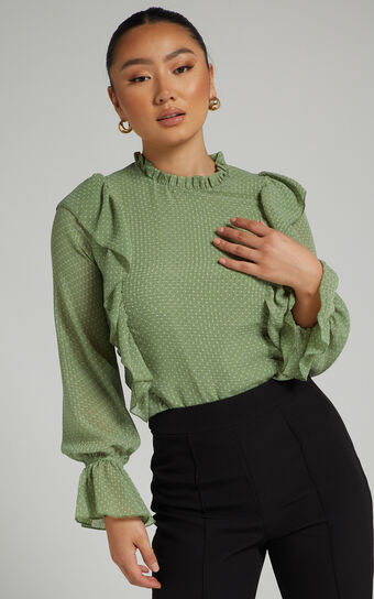 Moving Spots Top - Long Sleeve Top in Green Spot
