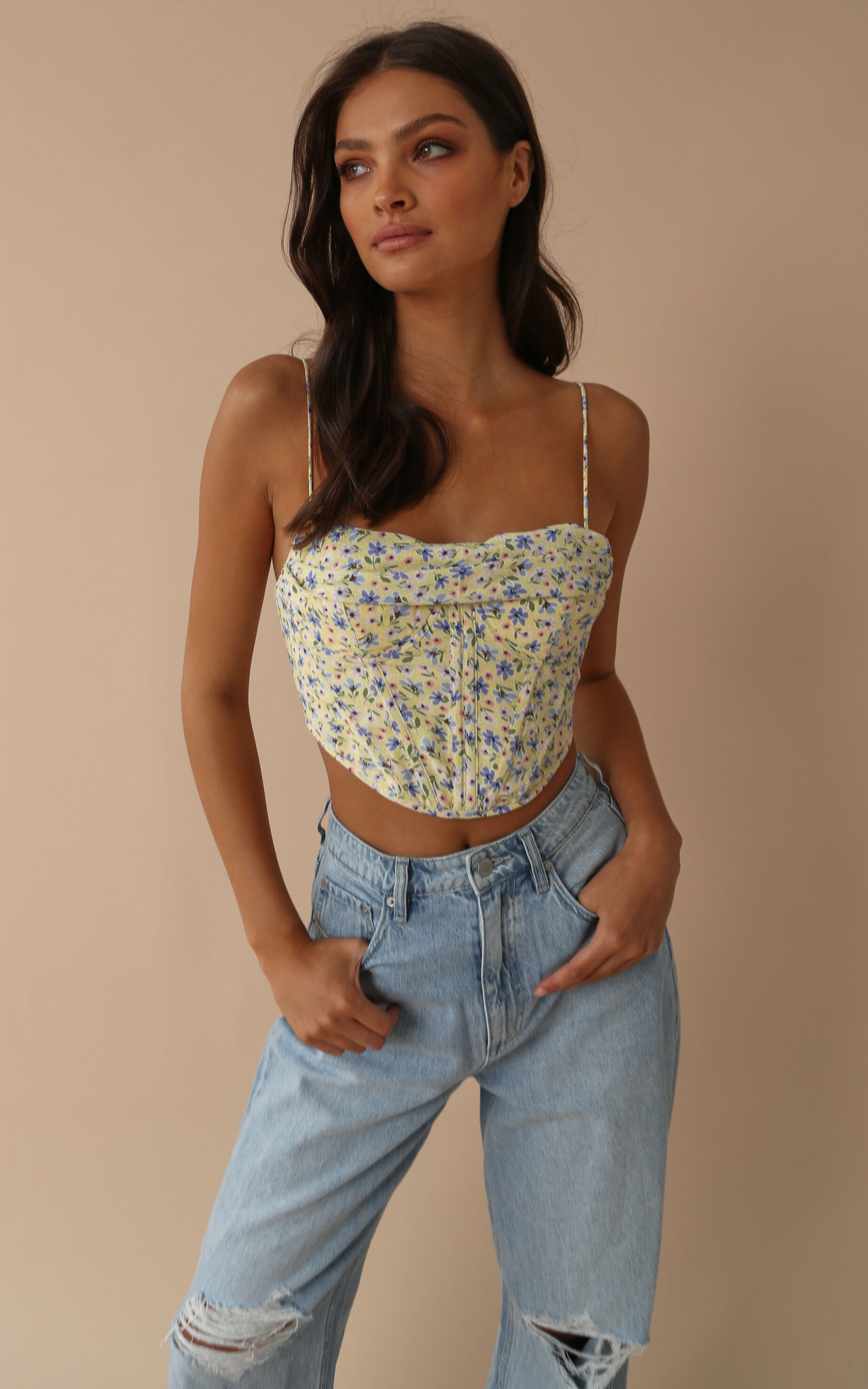 Julietha Floral Basque Corset Crop Top in Yellow Floral - 06, MLT1, super-hi-res image number null