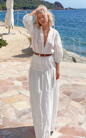 Lanzy Maxi Dress - Long Sleeve Yoke Waist Relaxed Broderie Dress in White