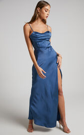 Brody Maxi Dress - High Split Bodice Slip Dress in Steel Blue | Showpo USA