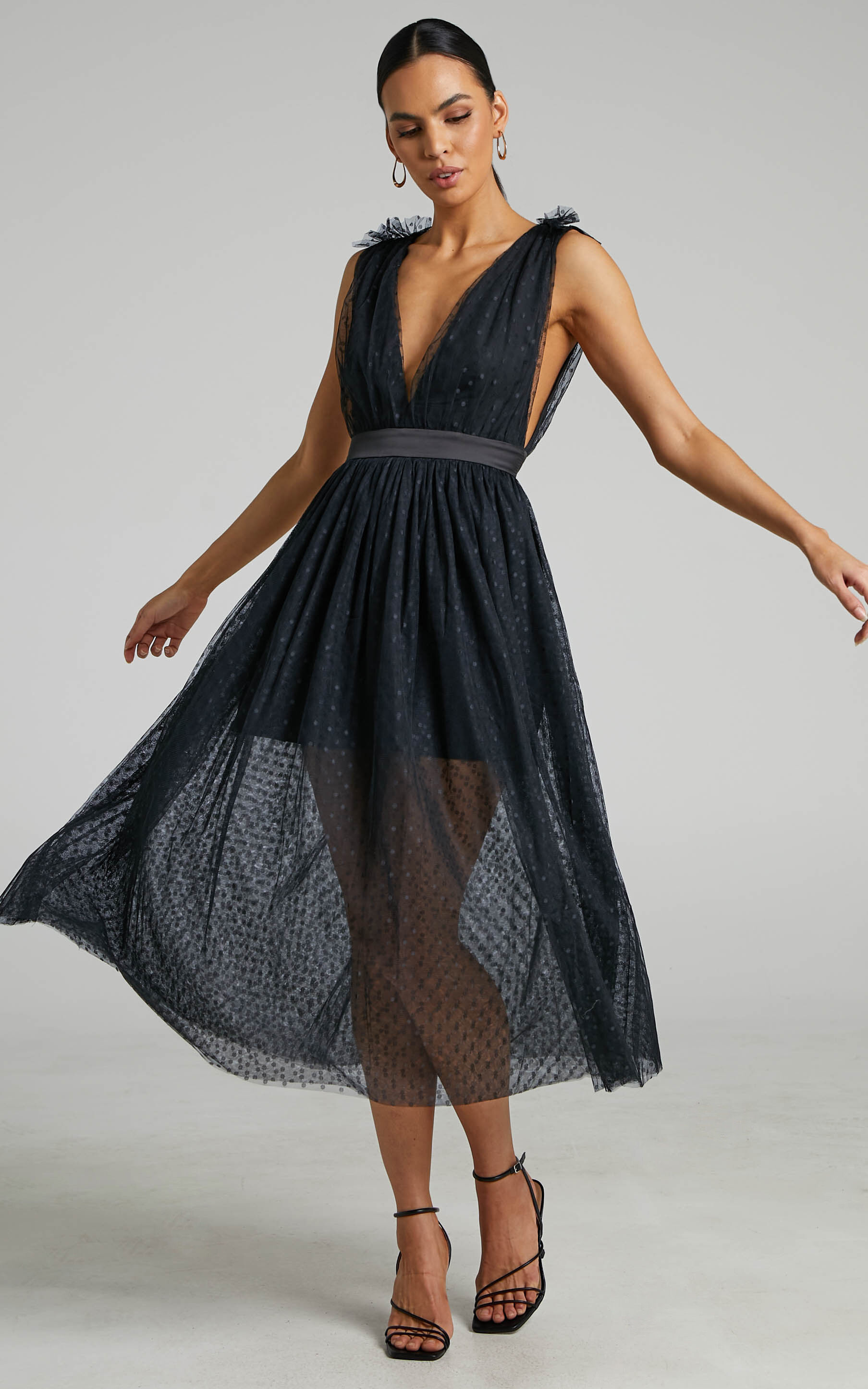 Xenia Plunge Tulle Maxi Dress in Black - 04, BLK1, super-hi-res image number null