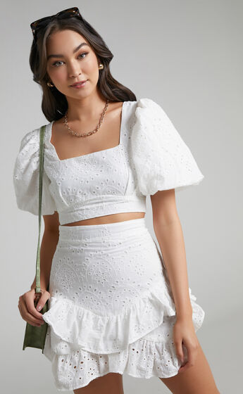 Levieth Puff Sleeve Ruffle Skirt Two Piece Set in White Embroidery Anglaise