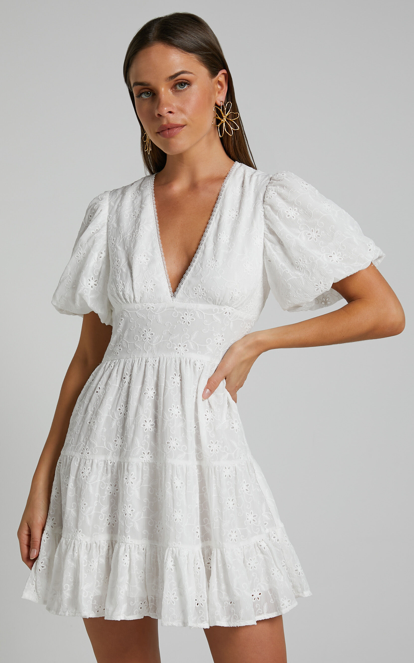 Valiery Lace Overlay Sheer Detail Mini Dress in Ivory - 04, WHT1, super-hi-res image number null